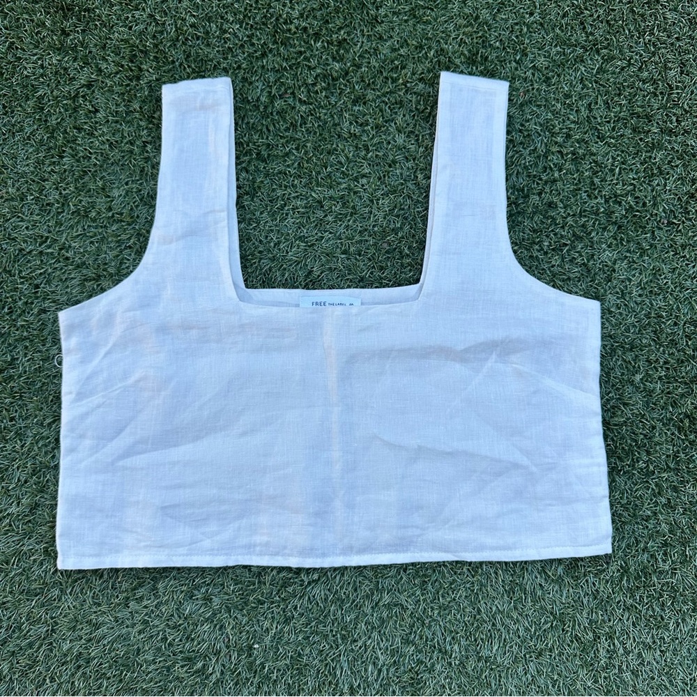 Free The Label White Roma Sleeveless Crop Tank Top 100% Linen Size S - Picture 2 of 8